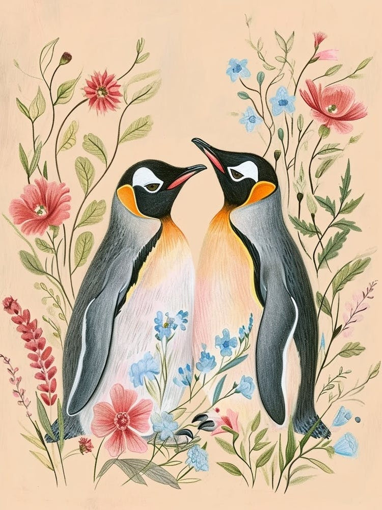 Folksy Floral Animal Drawing Penguin