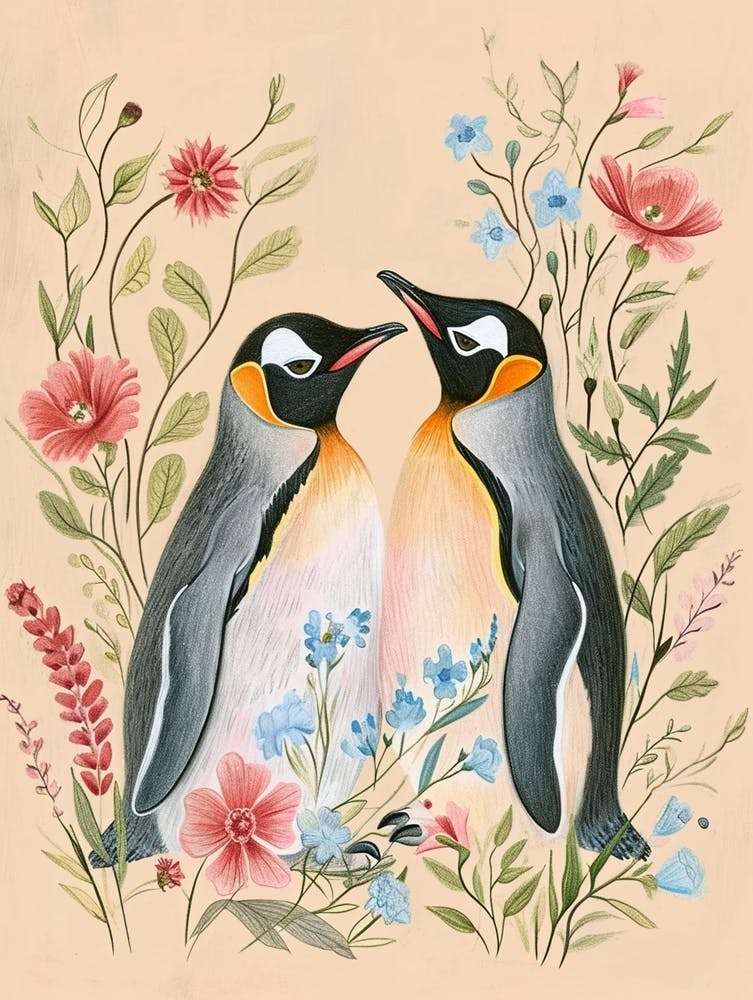 Folksy Floral Animal Drawing Penguin