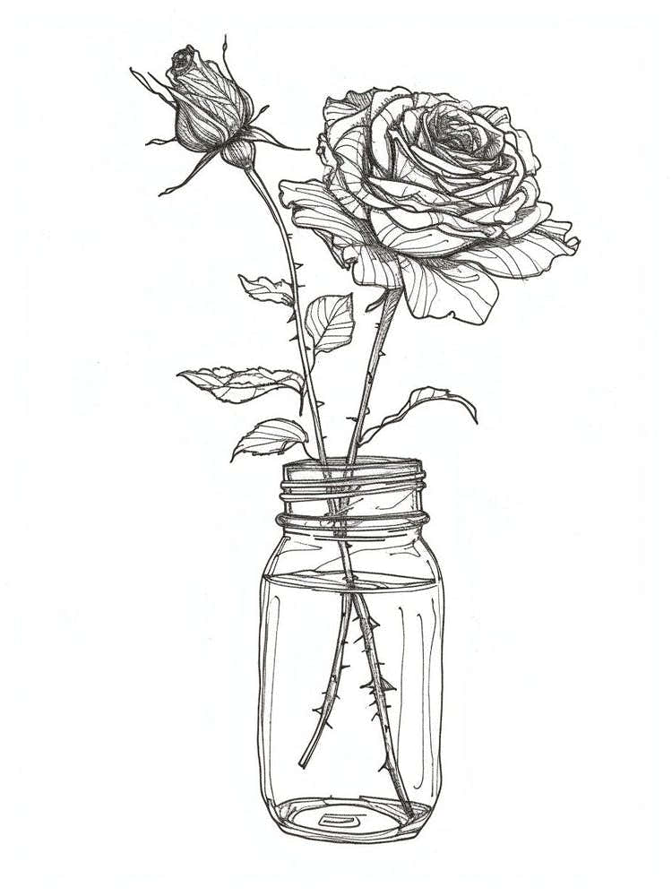 English Rose In A Jar Line Drawing 1