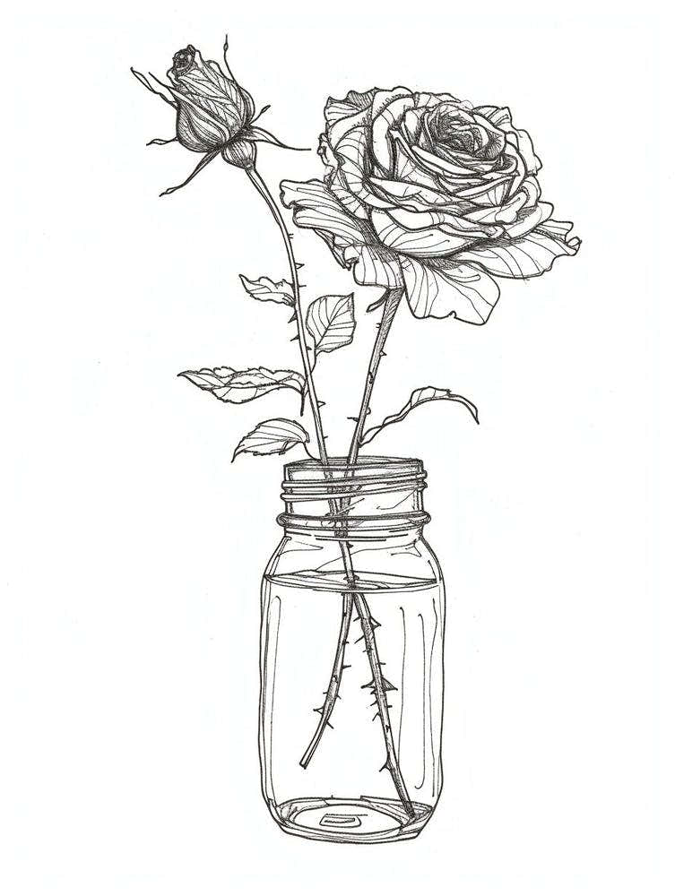 English Rose In A Jar Line Drawing 1