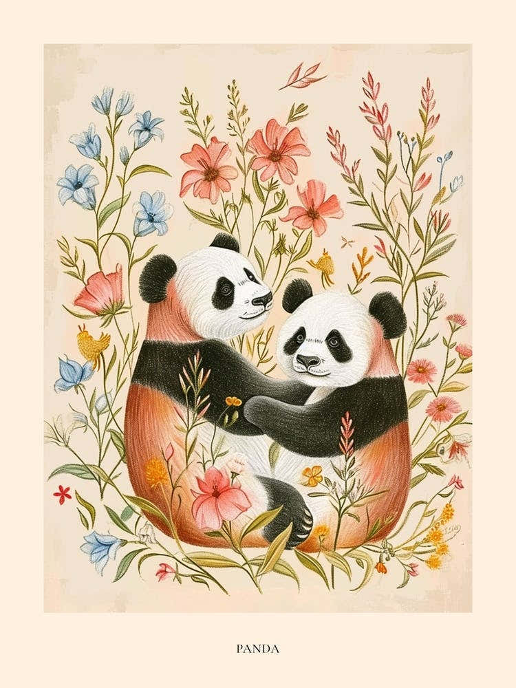 Folksy Floral Animal Drawing Panda 3 Poster