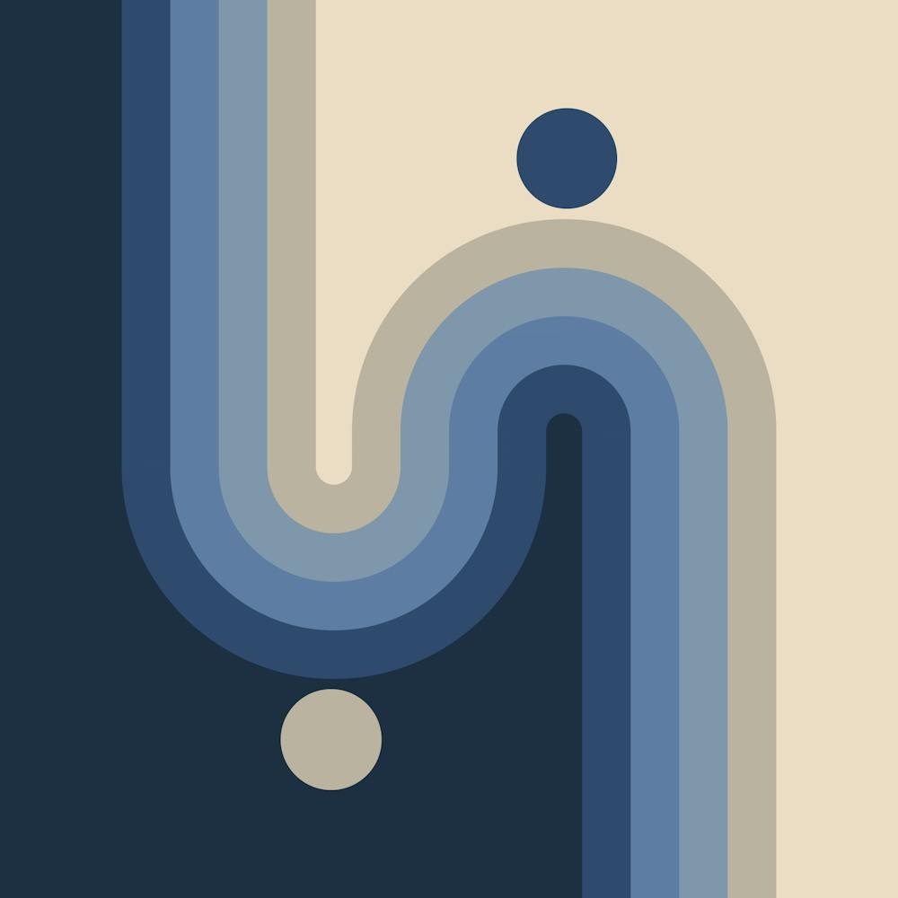 Midcentury Modern Geometric Arch Sun Abstract 12 In Blue Tan 02