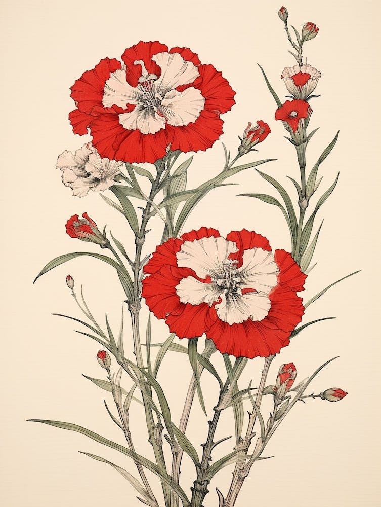 Nadeshiko Dianthus Vintage Japanese Botanical