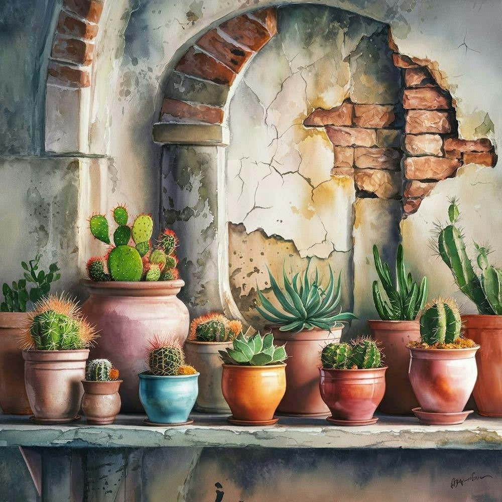 Watercolor painting of an old, weathered wall with cracked stone and peeling paint. The background features various sizes and shapes of terracotta pots on the shelf below. Each pot is filled with vibrant cacti or succulents, 1