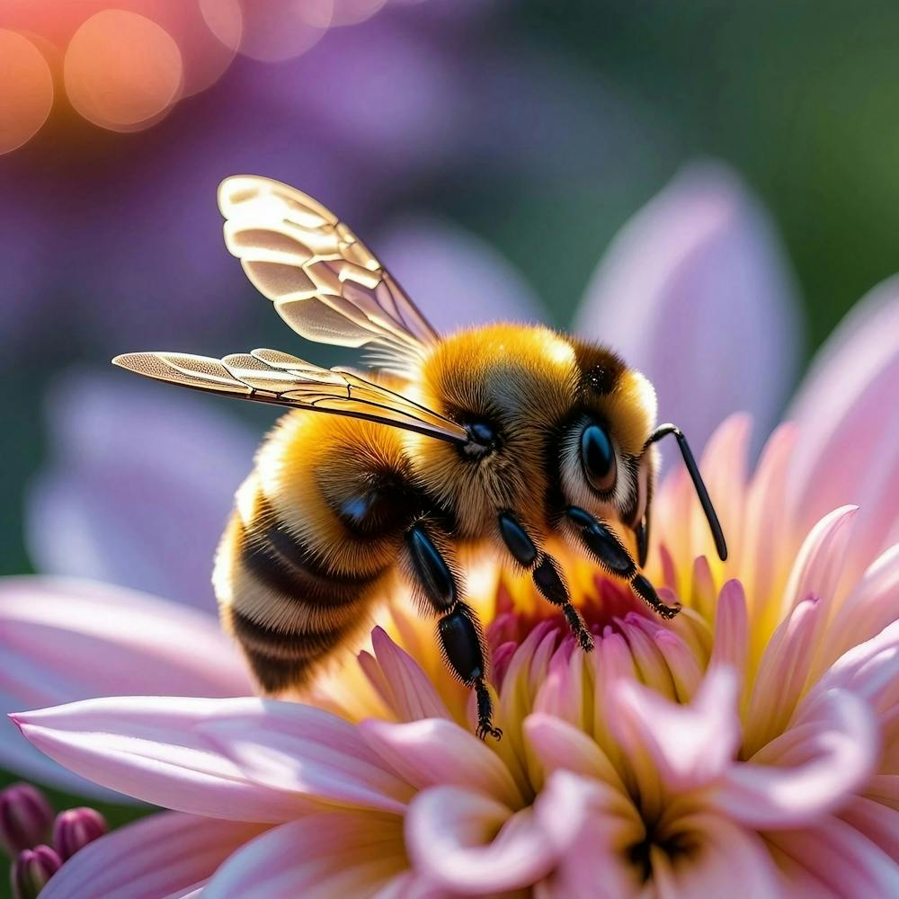Bumblebee on a delicate Pink Dahlia Flower, macro photography