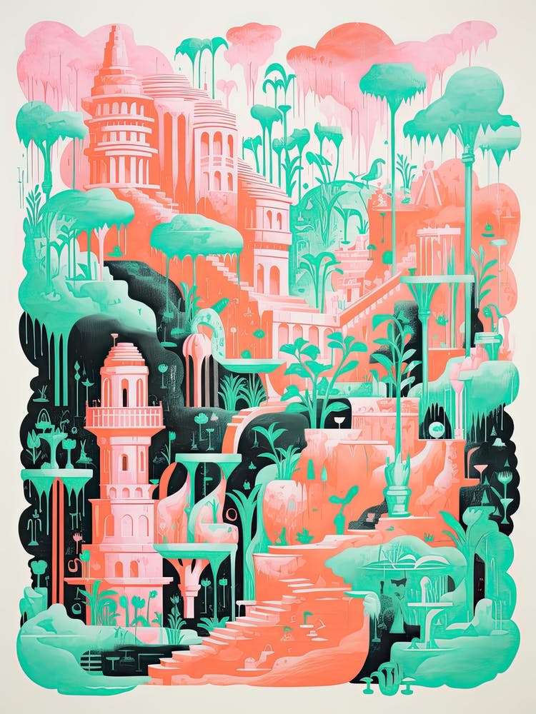 Hanging Gardens Of Babylon Abstract Riso Style 3