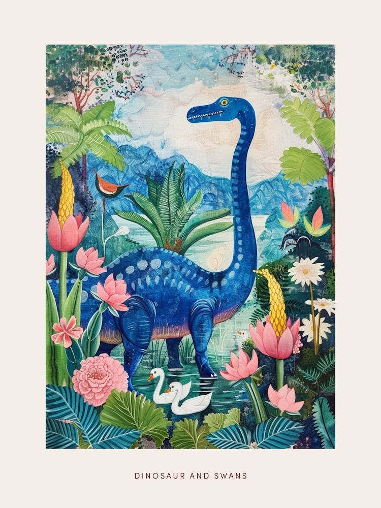 Dinosaur With Swans Painting 1 Poster