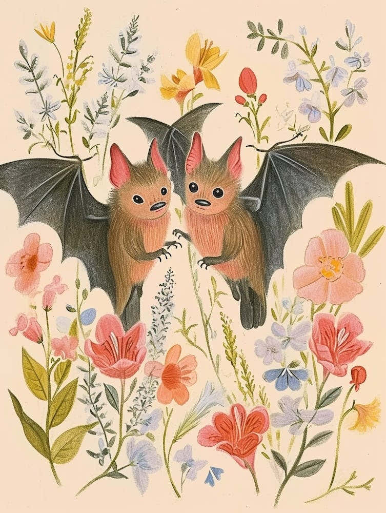 Folksy Floral Animal Drawing Bat