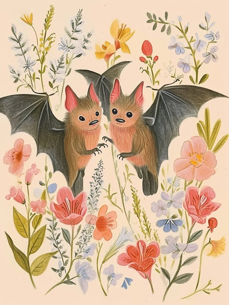Folksy Floral Animal Drawing Bat