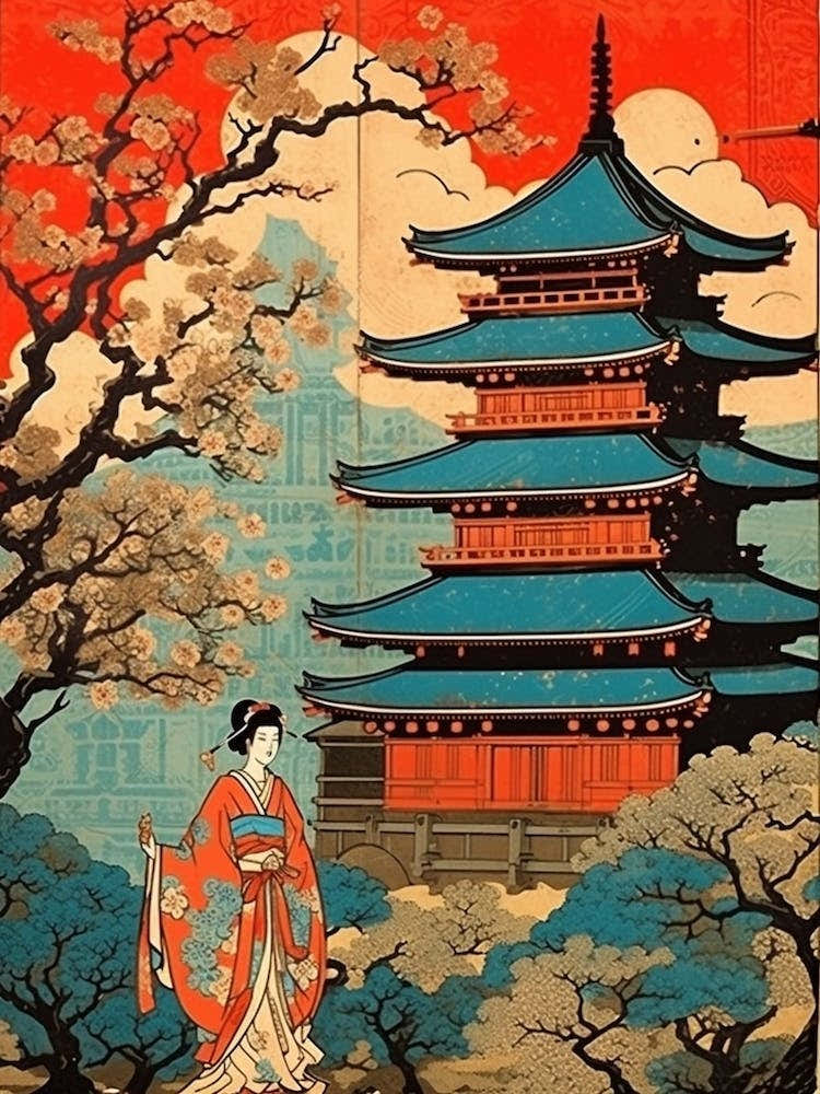 Okayama Castle, Japan Vintage Travel Art 4