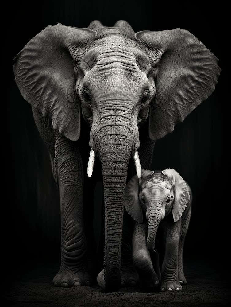 Black And White Photograph Of A Baby Elephant Next To Mother