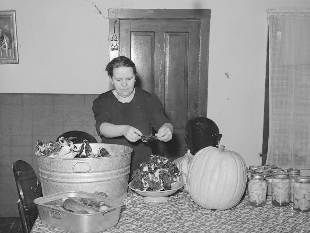 Woman Of Spanish Extraction Putting Up Dried Meat With Other Produce Of The Farm, Concho, Arizona By Russell Lee