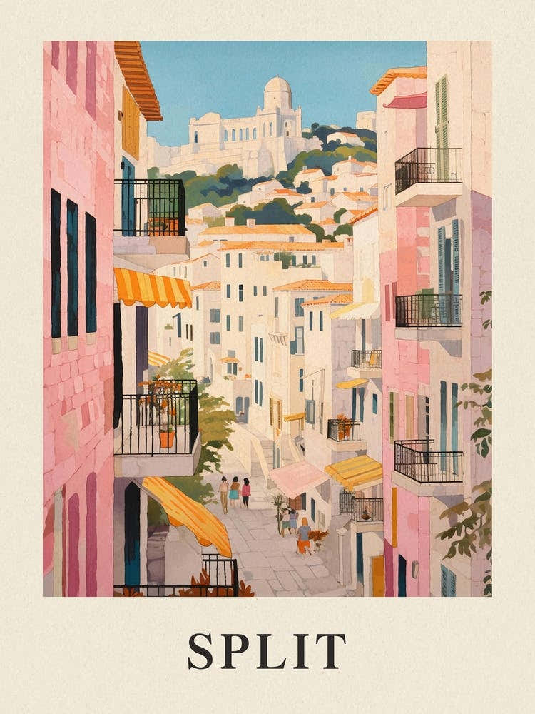 Split Croatia 3 Vintage Pink Travel Illustration Poster