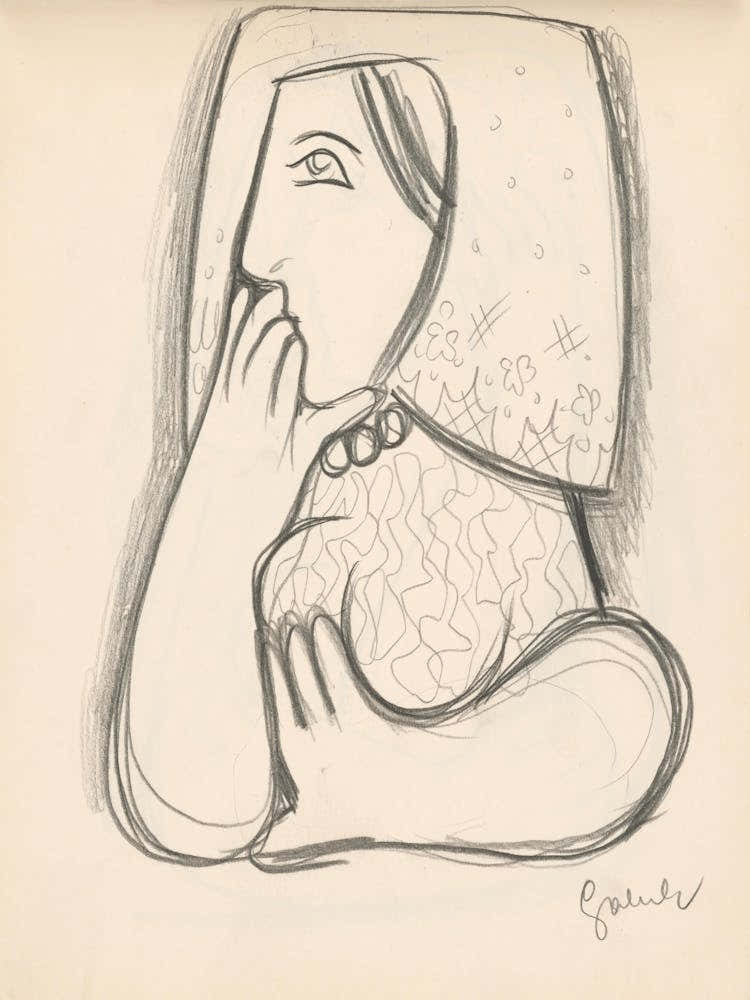 A Woman In A Flowered Scarf With Her Chin Supported, Mikuláš Galanda