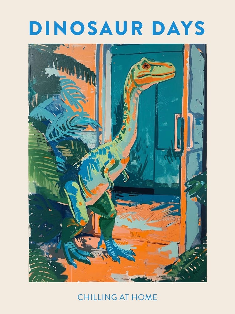 Chilling At Home Orange Blue Dinosaur Poster
