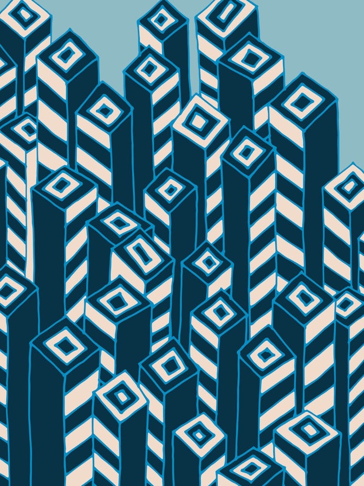 URBAN Graphic Abstract Architecture Skyscraper Line Drawing Colour Blocks in Indigo Blue White