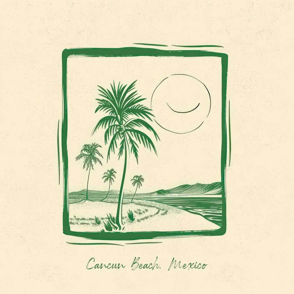 Cancun Beach, Mexico Green Line Art Illustration