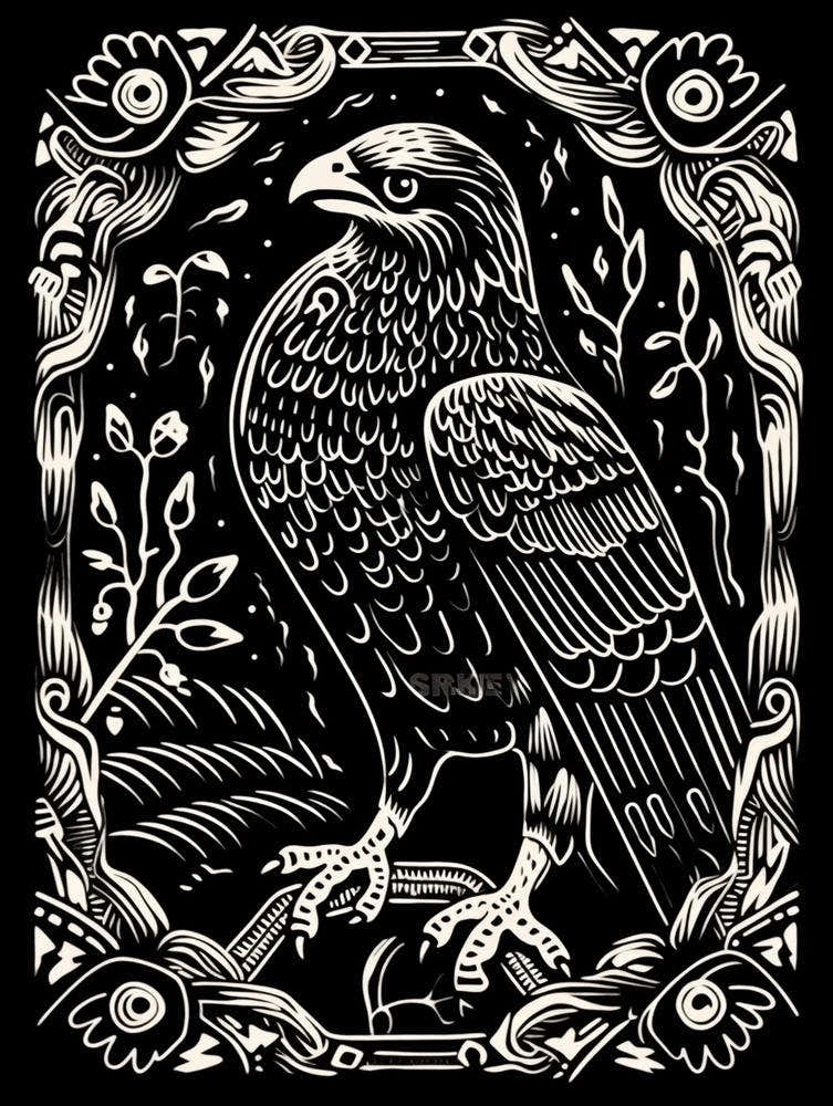 B&W Bird Linocut Hawk 2