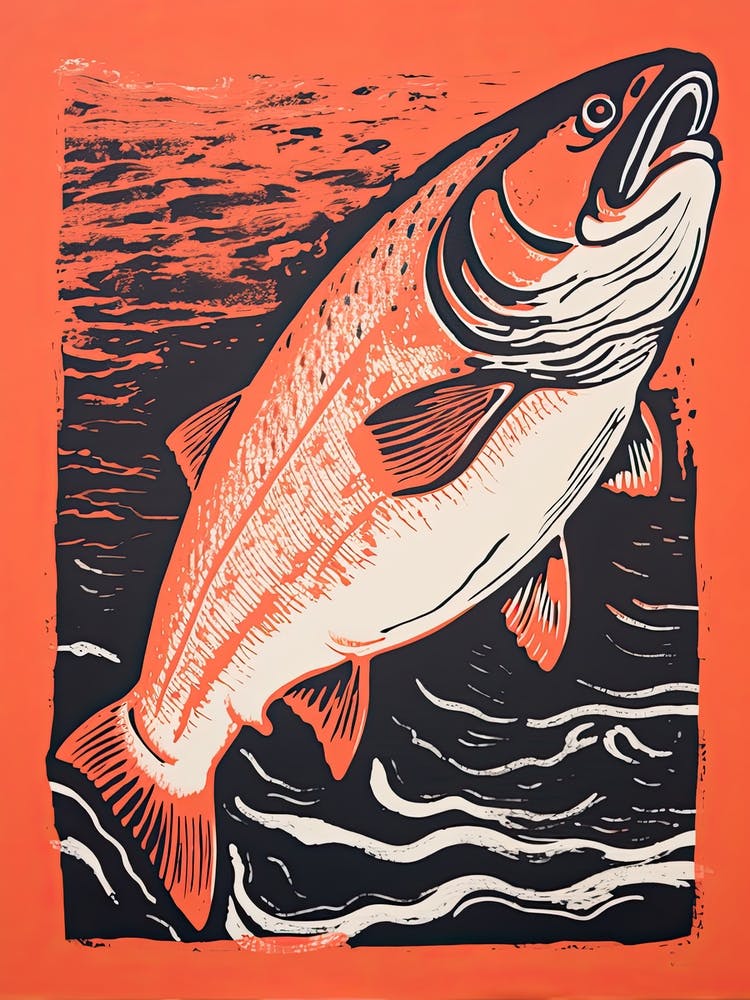 Salmon, Woodblock Animal  Drawing 1