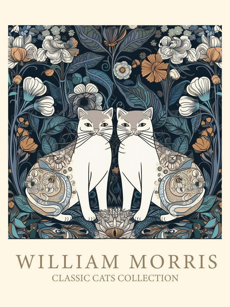 William Morris  Inspired  Classic Cats White Cats Blue