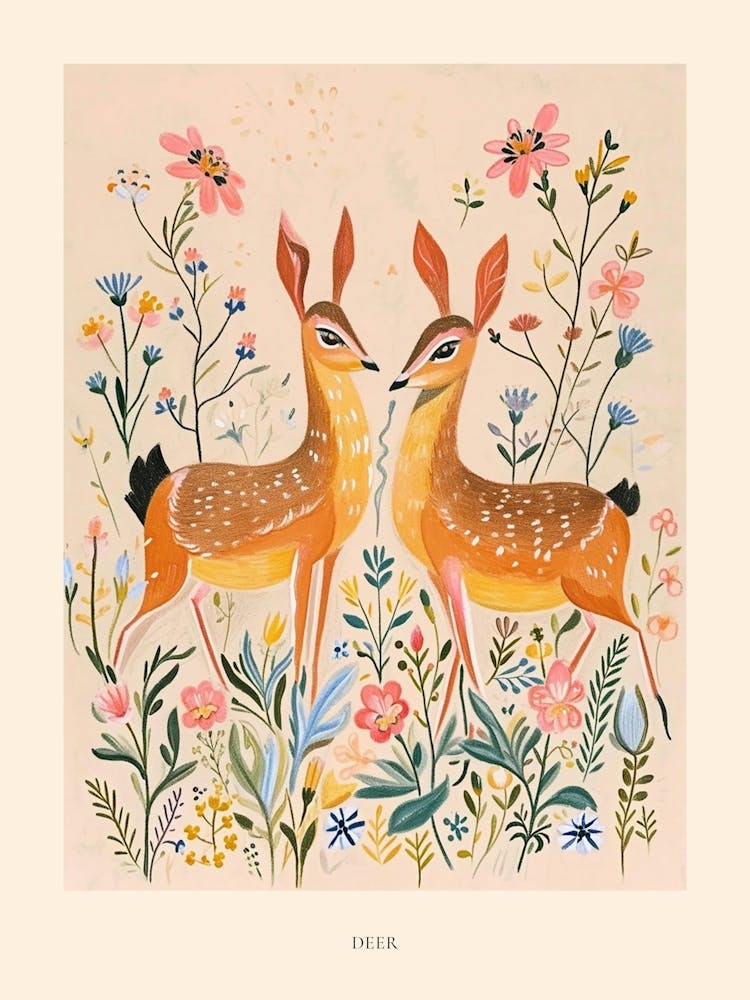 Folksy Floral Animal Drawing Deer 6 Poster
