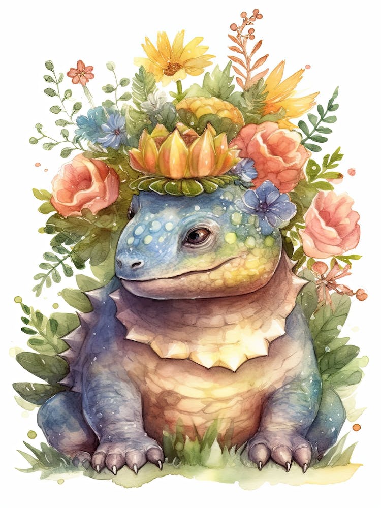 Ankylosaurus With A Crown Of Flowers Cute Dinosaur Watercolour 2