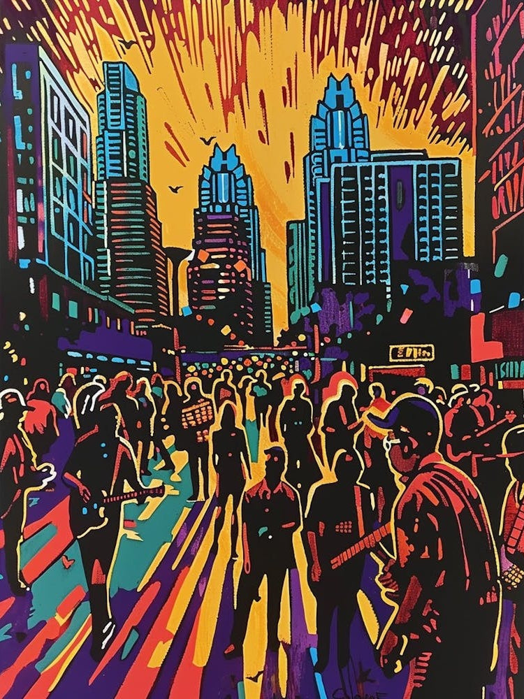 Live Music Scene Austin Texas Colourful Blockprint 2