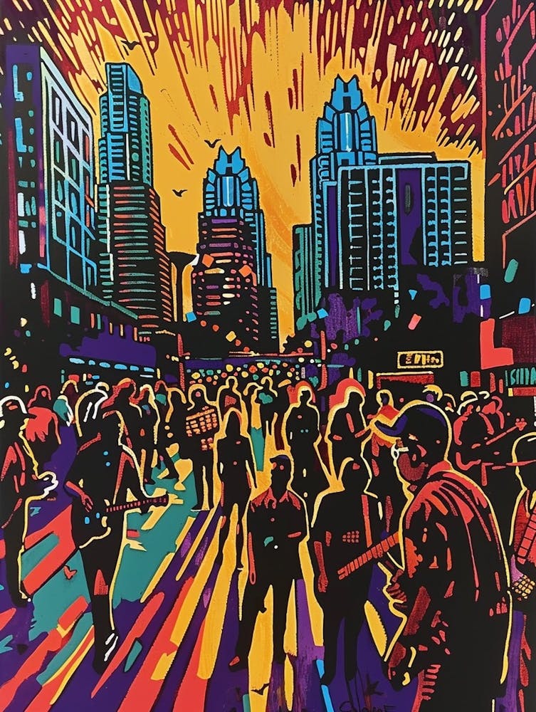 Live Music Scene Austin Texas Colourful Blockprint 2