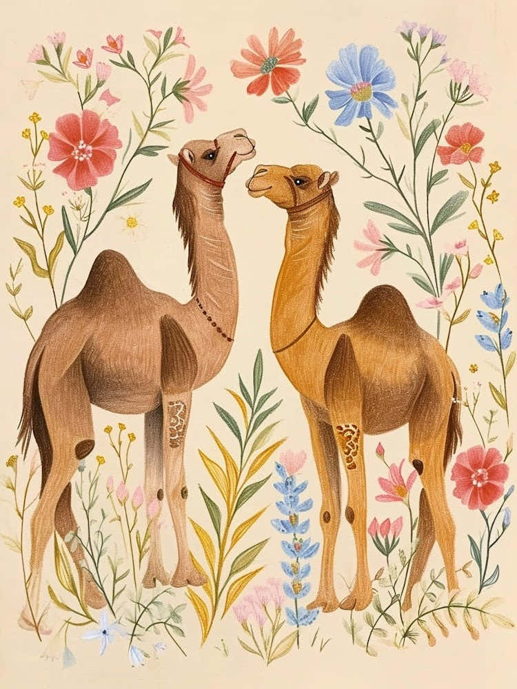 Folksy Floral Animal Drawing Camel 2