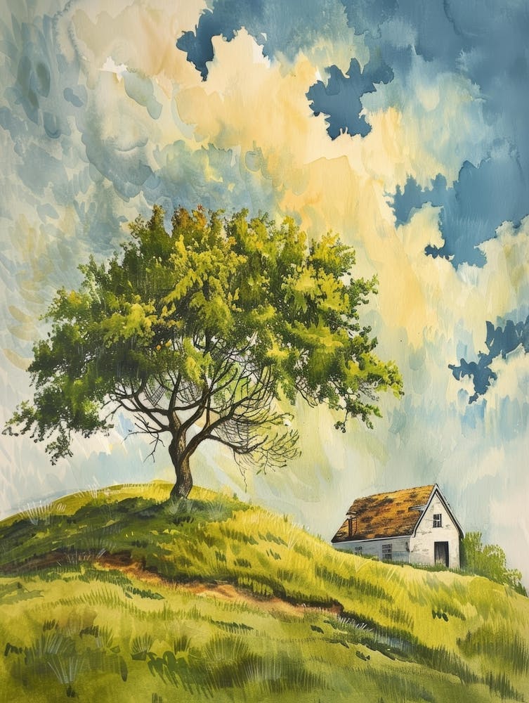 Watercolor Of A Tree On A Hill