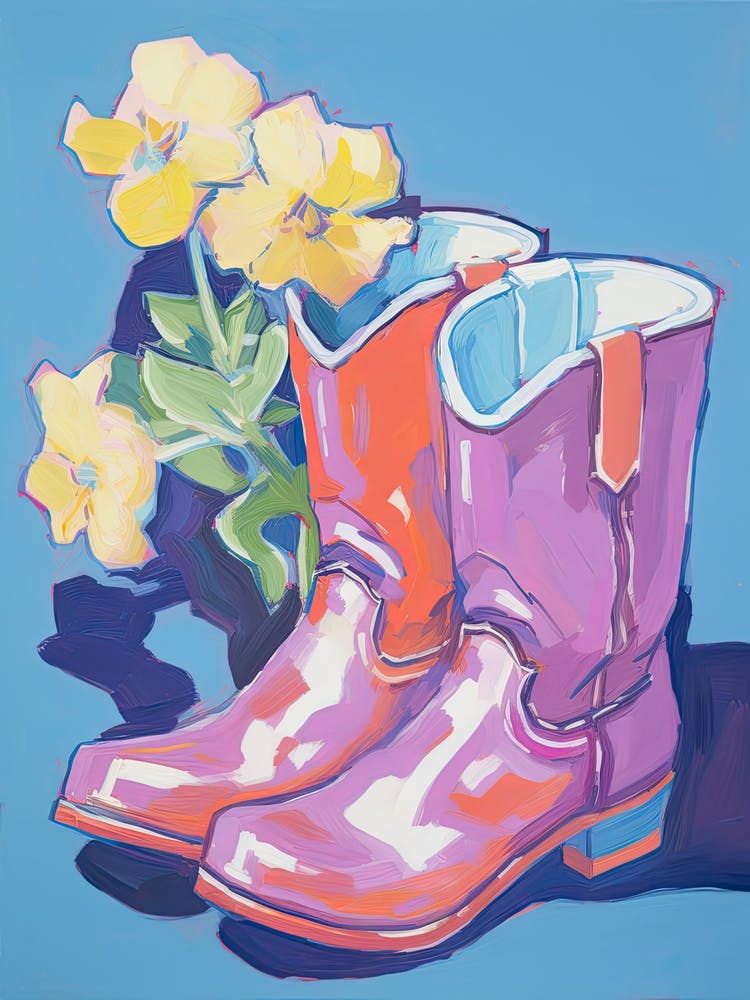 Purple Pink Cowbow Boots With Yellow Flower