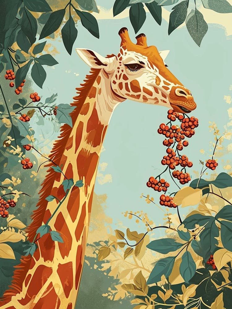 Giraffe Eating Berries Modern Illustration 4