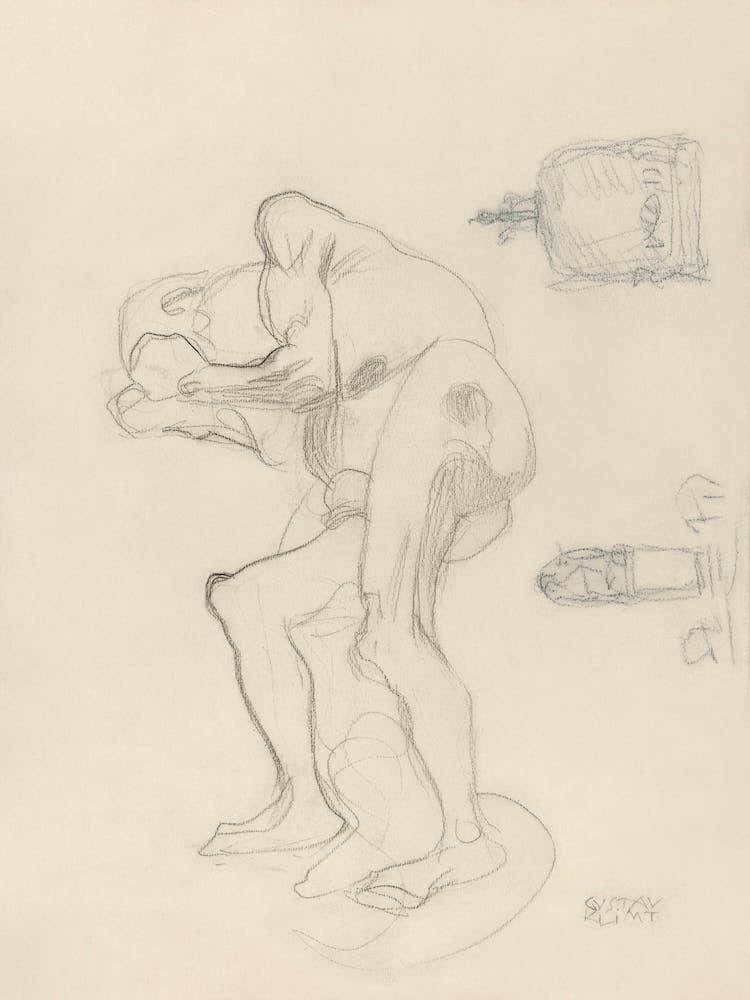 Study Of A Nude Old Woman Clenching Her Fists, And Two Decorative Objects, Gustav Klimt