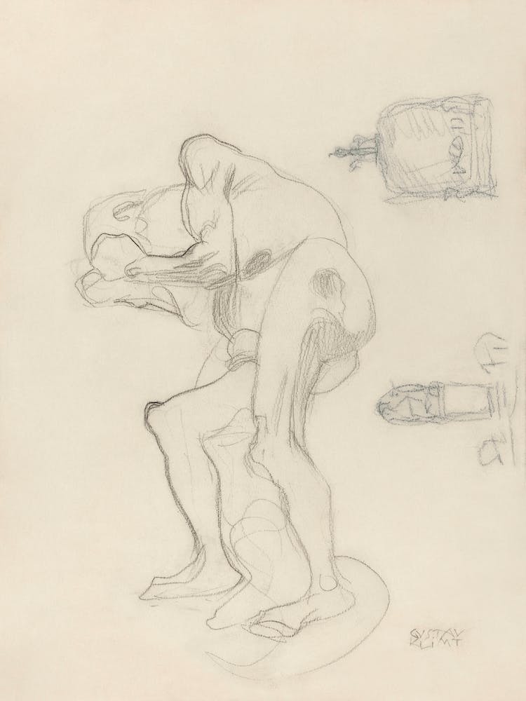 Study Of A Nude Old Woman Clenching Her Fists, And Two Decorative Objects, Gustav Klimt