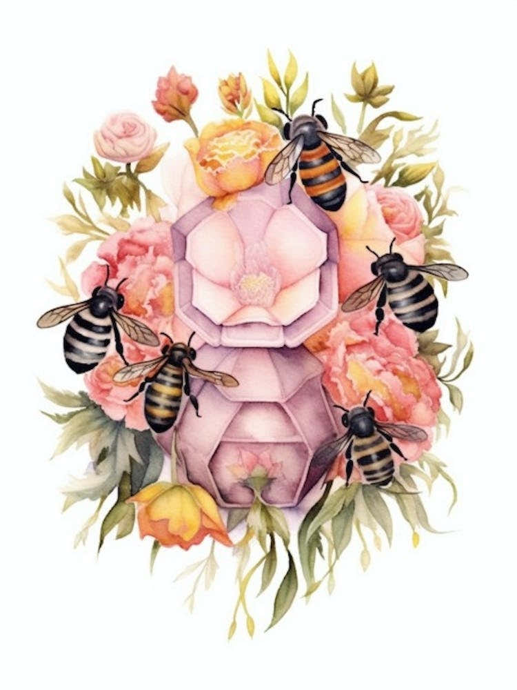 Beehive With Carnations Watercolour Illustration 2