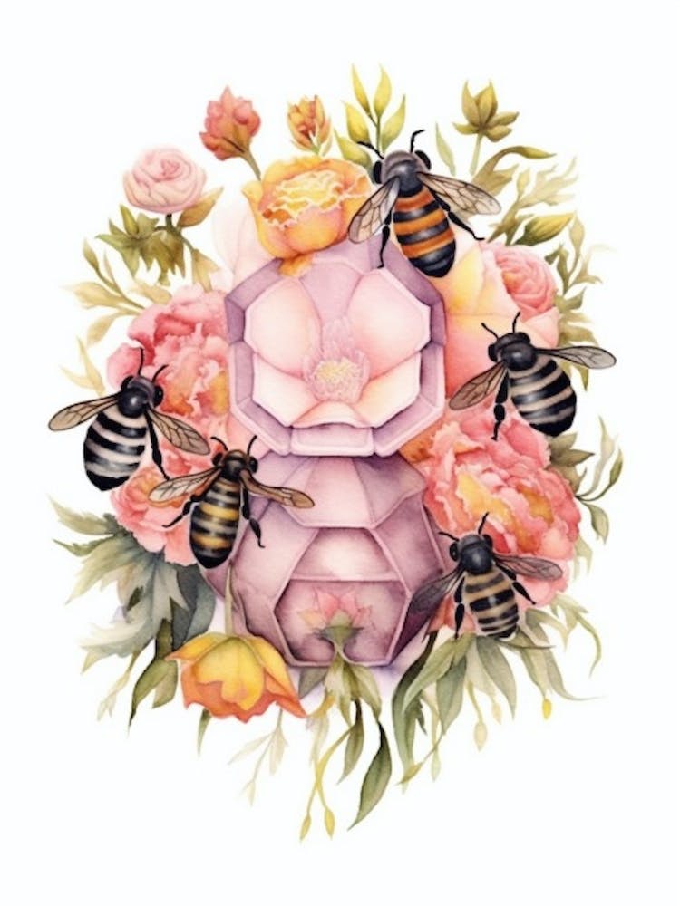 Beehive With Carnations Watercolour Illustration 2