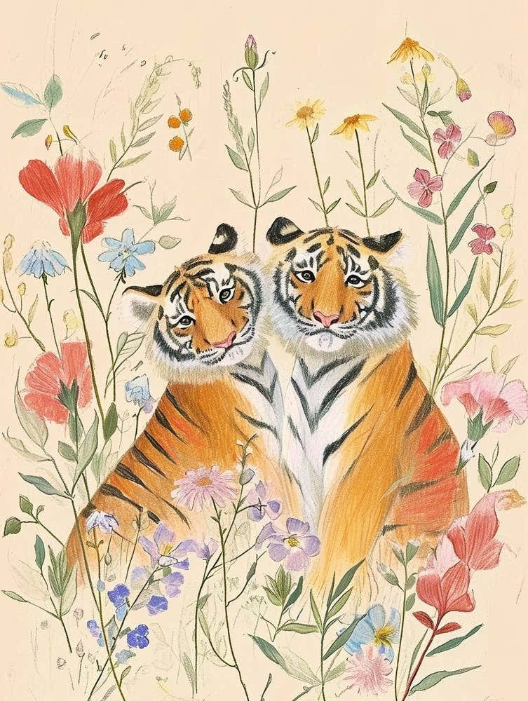 Folksy Floral Animal Drawing Tiger 2