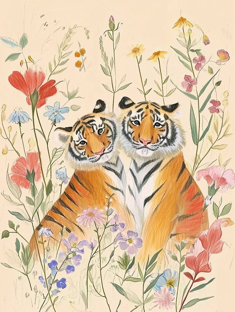 Folksy Floral Animal Drawing Tiger 2
