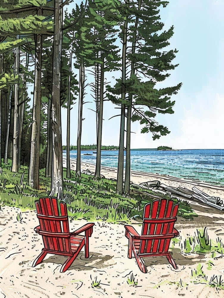 Red Adirondack Chairs On The Beach