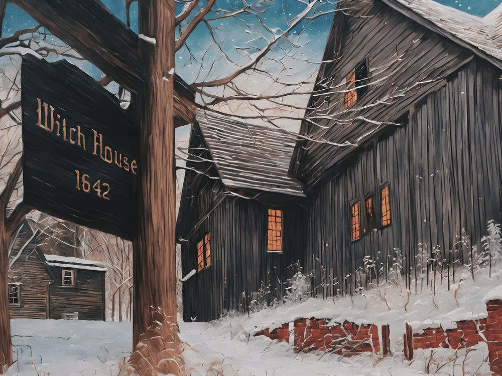 Salem Witch House 1642 - Salem Witch Trials Witchy Halloween Samhain Yule Painting in Winter Spooky Gothic Pagan
