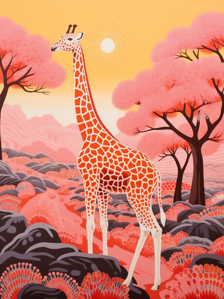 Giraffe In The Nature With Trees Pink 3