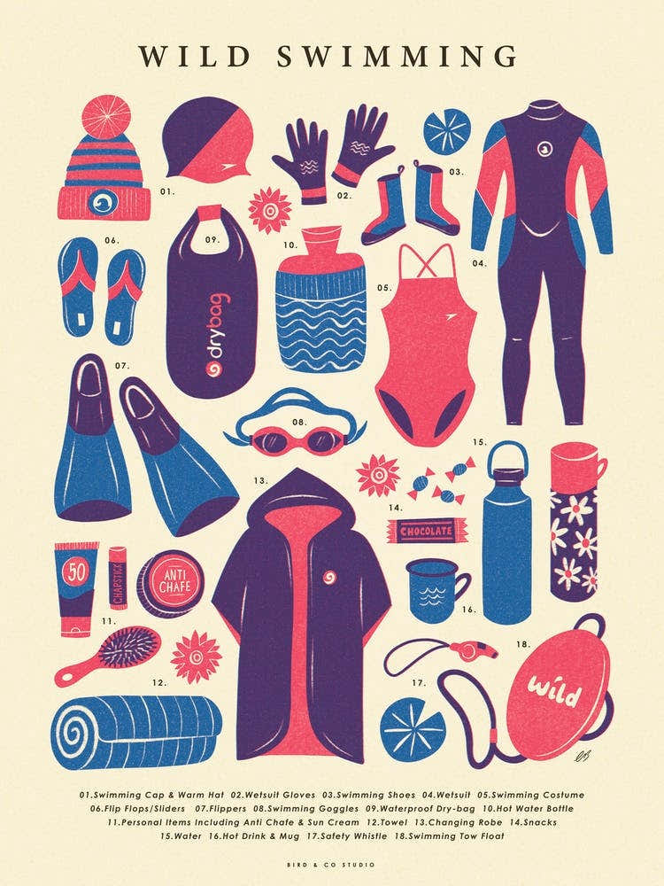 Retro Wild Swimming Kit in Blue, Pink and Cream | Vintage Open Water Swim Poster | Sport and Outdoor Nostalgic Graphic Illustration
