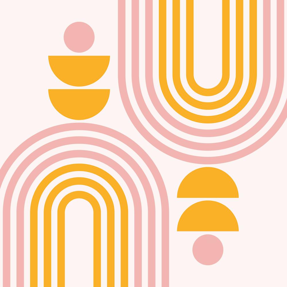 Midcentury Modern Geometric Arch Sun Abstract 6 In Pale Pink Mustard Yellow 02