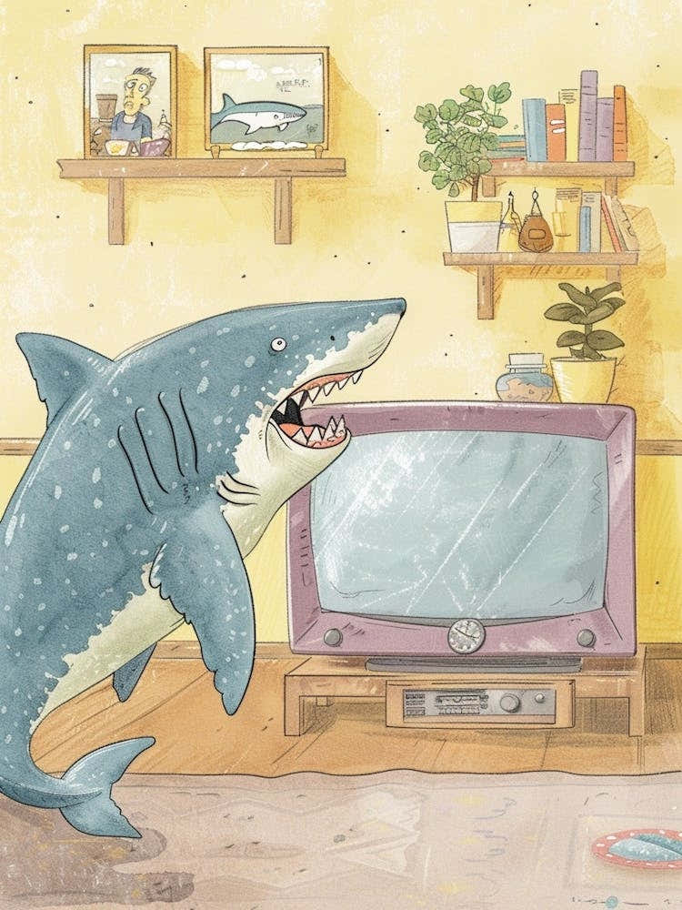 Shark On The Floor Watching Tv In The Living Room Line Illustration