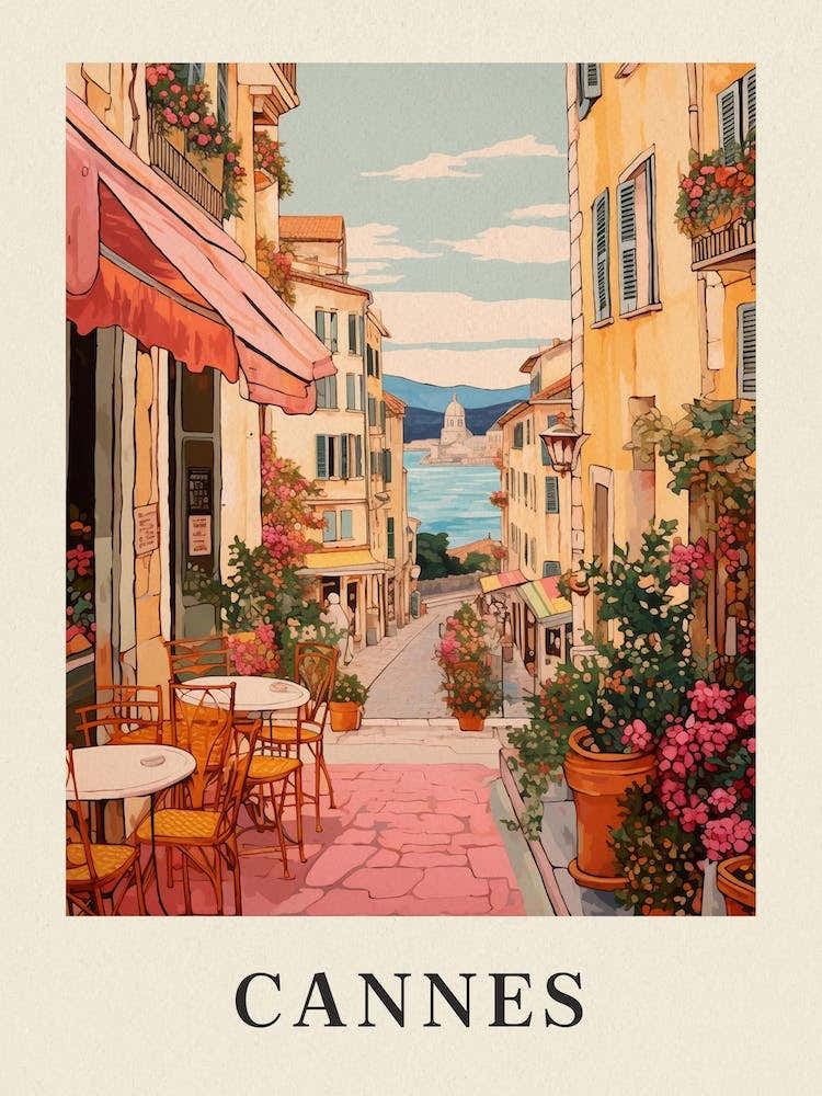 Cannes France 7 Vintage Pink Travel Illustration Poster