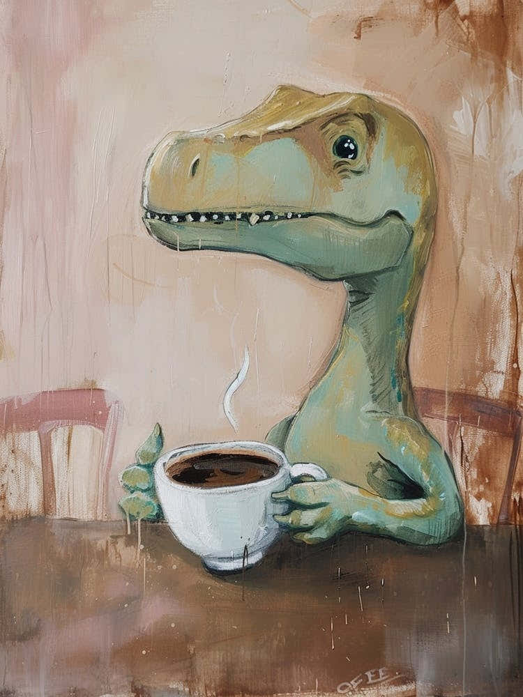Dinosaur Drinking Coffee Muted Pastels 1