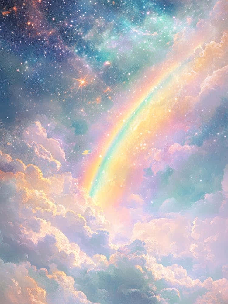 serene and dreamy dreamscape painting of a Soft rainbow forming in dreamlike sky in teal, lavender, coral in the style of impressionism Claude Monet lovely for bedroom, creative studio, or cozy corner