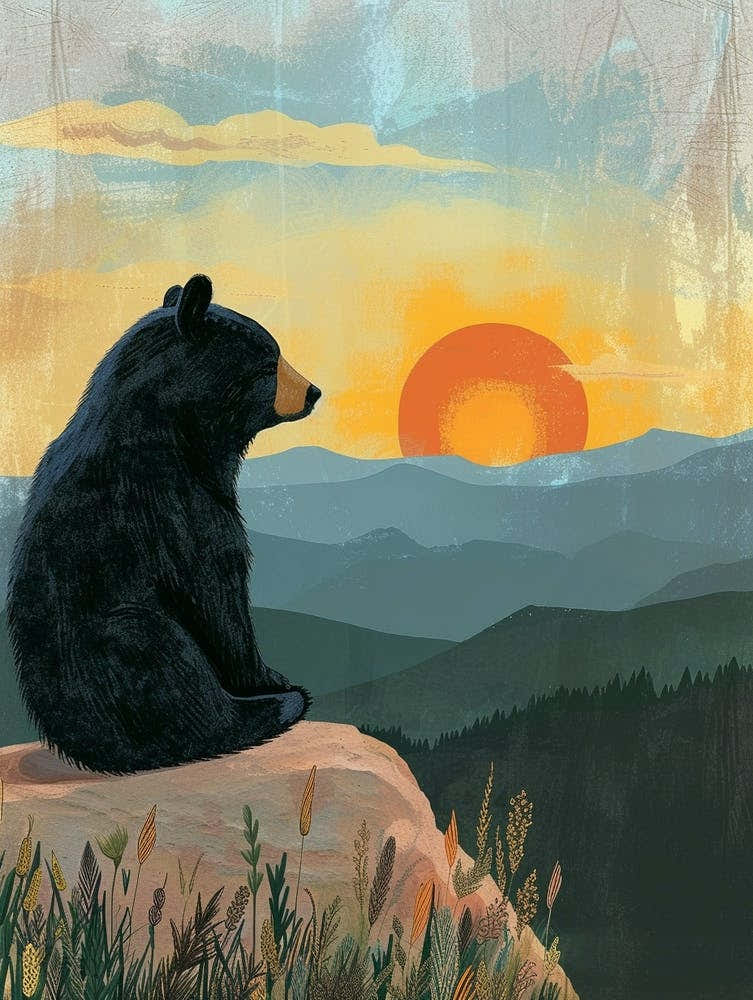 American Black Bear Looking At A Sunset From A Mountain Storybook Illustration 3