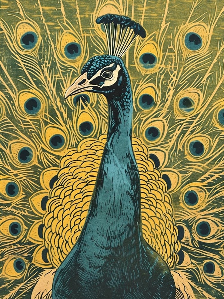 Blue Mustard Linocut Inspired Peacock Feather 1