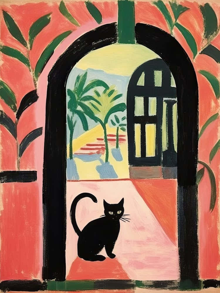 Matisse Style Painting Black Cat In Morocco Pink Wall